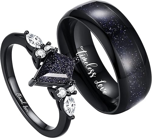 Anillos de promesa personalizados para parejas, anillos negros a juego para parejas, anillo grabado de piedra arenisca azul en forma de cometa,