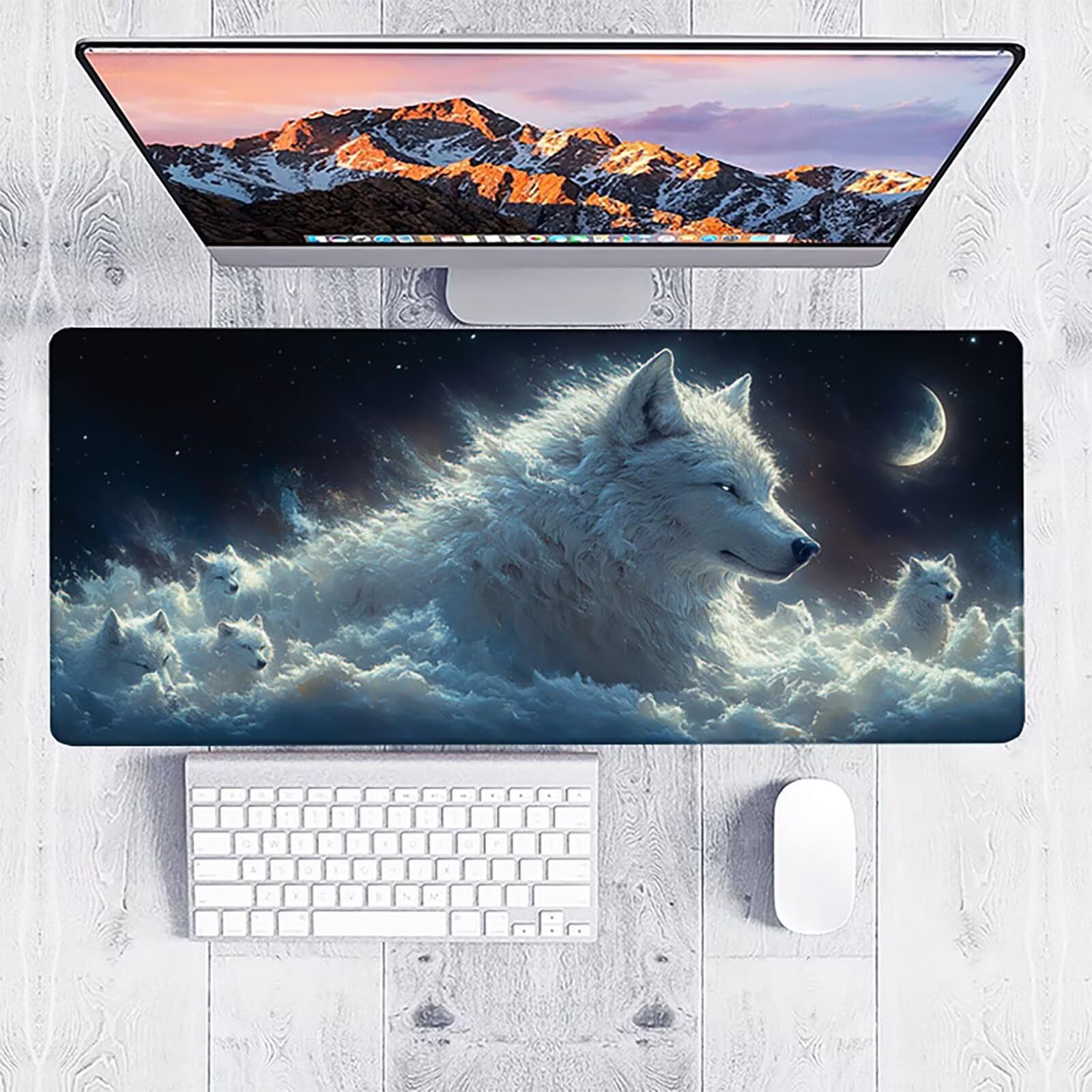 Podkładka pod mysz Moon XXL 1500 x 800 x 3 mm, podkładka pod mysz do gier z wilkiem, podkładka pod mysz z gumową podstawą, podkładka pod mysz dla graczy ze szwami na krawędziach, akcesoria dla graczy