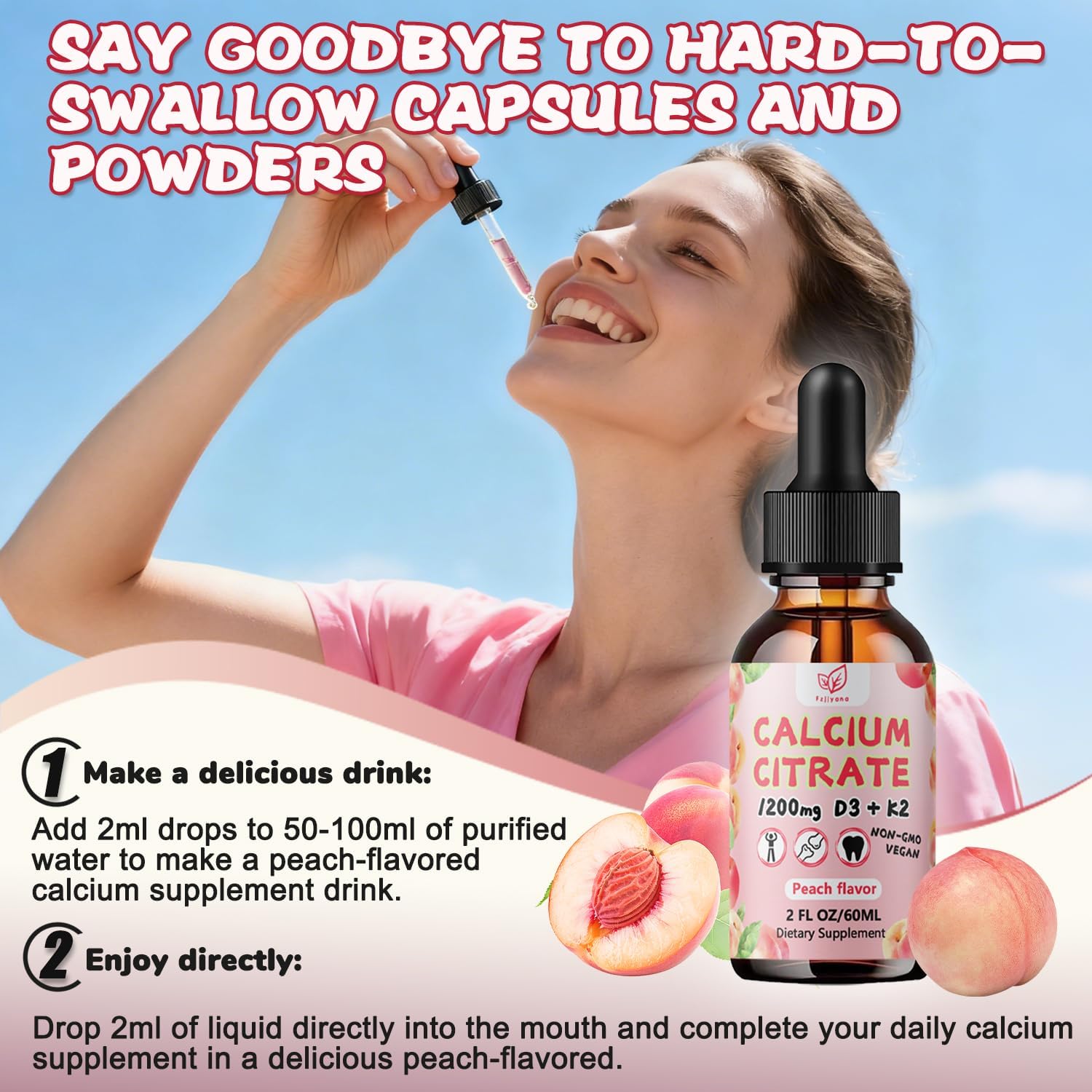 Liquid Calcium Citrate Drops,Calcium 1200 Mg with Vitamin D3 and K2 for Women & Men.Supports Bone Muscle & Teeth - Natural Peach Flavor,2 Fl Oz- 30 Day Vegan Supply - Image 5