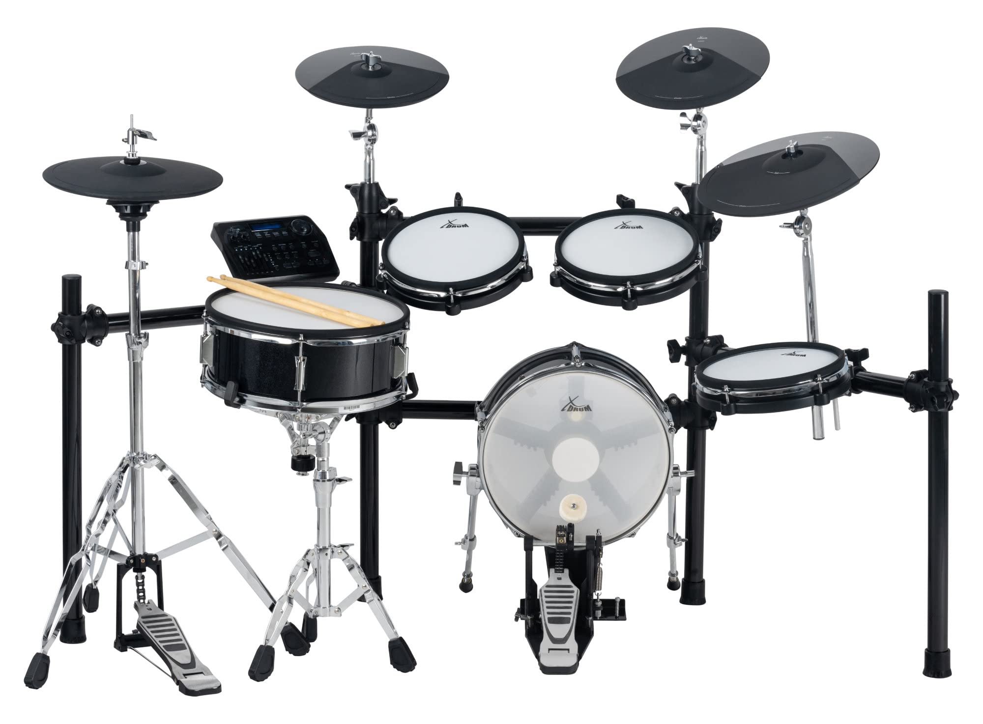 XDrum DD-650 Mesh E-Drum Kit, 1x pad de bombo de 14" con carcasa de madera | Batería electrónica con Mesh Heads de doble capa, 1x pad de caja dual-zone de 14" con carcasa de madera, Módulo, 720 sonidos