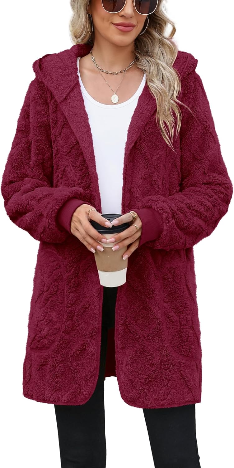 Yanekop Womens Oversized Sherpa Jacket Long Cardigan Sweaters Fuzzy Fleece Jacket Faux Fur Plus Size Coats with Pockets - Image 2