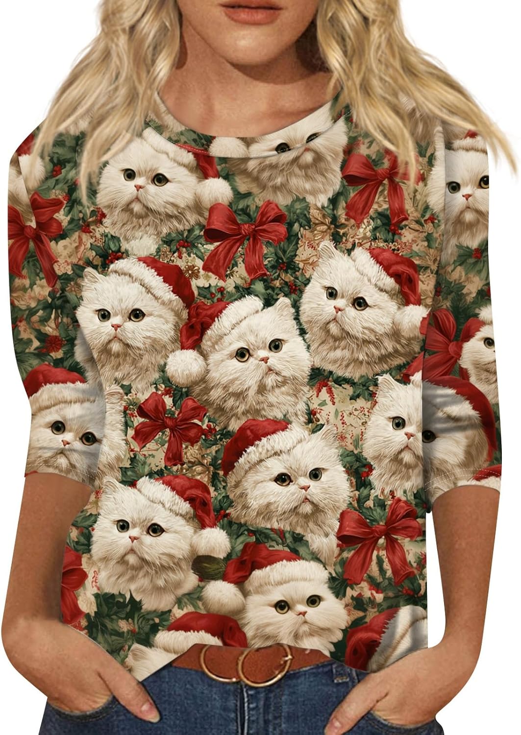 Christmas Tops for Women 2025 Plus Size 3/4 Length Sleeve Crewneck Tops Snowman Fall Ladies Casual Loose Print Blouse