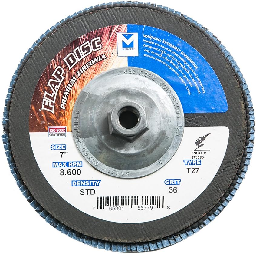 Mercer Industries 273H036 Zirconia Flap Disc, Type 27, 7 x 5/8 11 Thread, Grit 36, 10 Pack