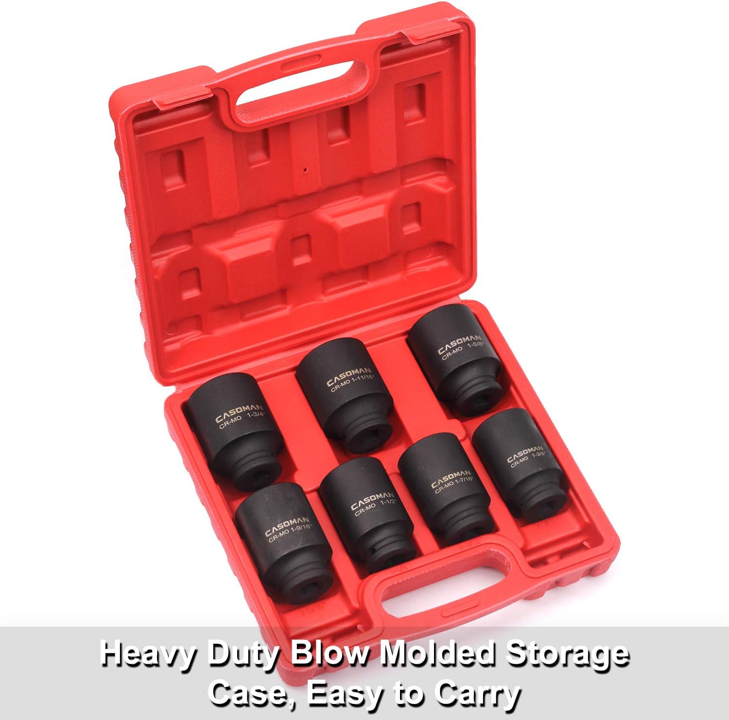 CASOMAN 1/2-Inch Drive Deep Spindle Axle Nut, 1/2" Impact Socket Set, Inch, Cr-Mo, 6-Point, 1-3/8-Inch - 1-3/4-Inch, 7 Piece Axle Socket Set