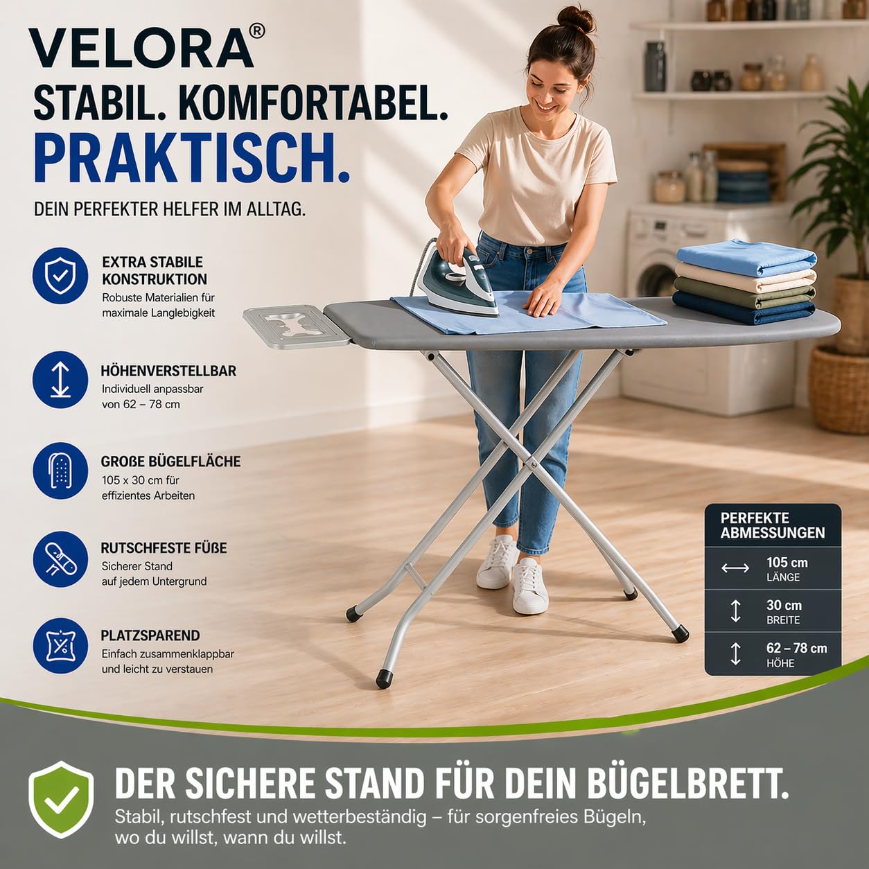 VELORA ® Bügelbrett [105x30 Bügelfäche] mit rutschfesten Füßen – robuster Bügeltisch – extra stabiles Bügelbrett [Made IN EU] höhenverstellbar (grau)