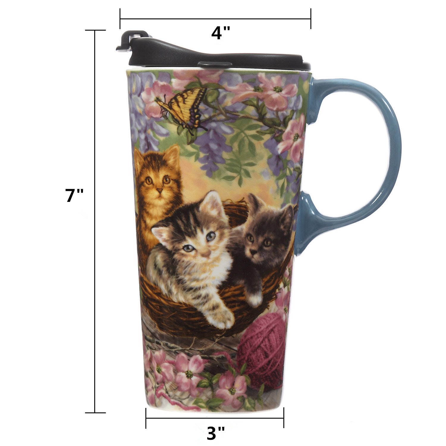 CEDAR HOME Taza de cerámica para café de viaje, taza de té de porcelana con tapa, 17 onzas, flor y gato