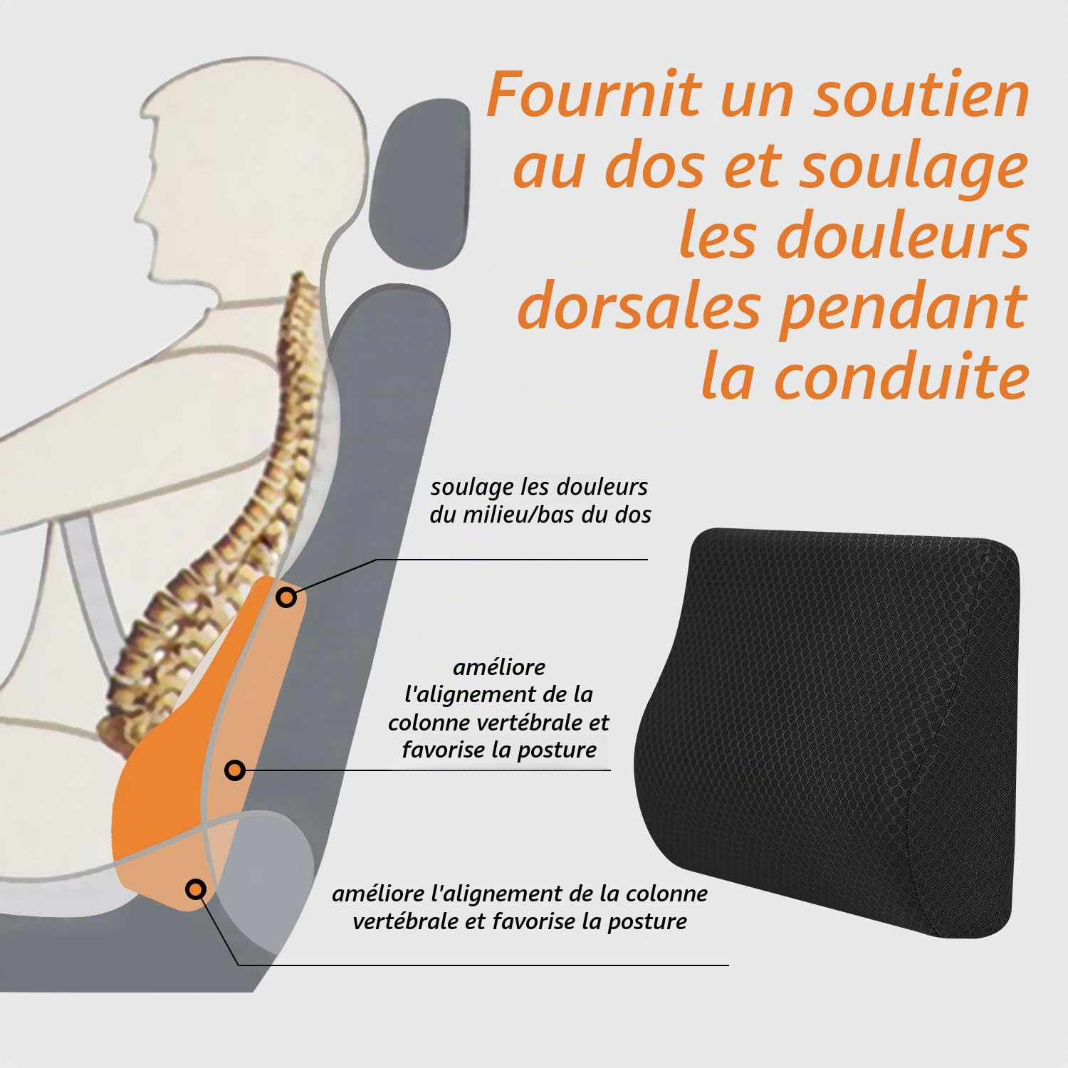 Livtribe Coussin de soutien lombaire pour voiture, en mousse à mémoire de forme, coussin de soutien du dos moyen/bas du dos pour siège de voiture (noir)