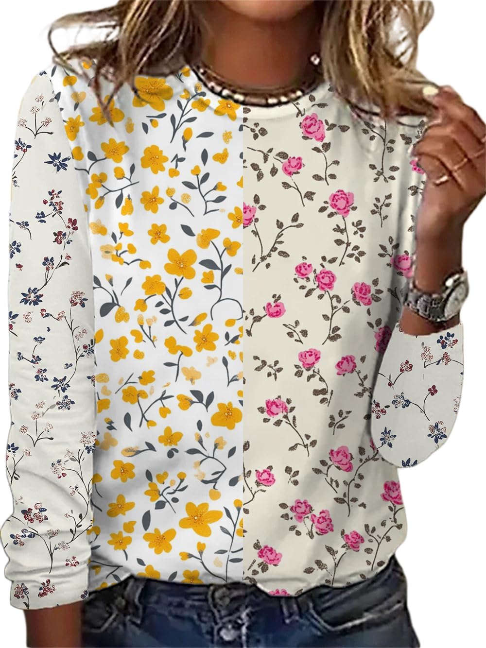 Womens 3/4 Sleeve Tops Boho Floral Print Splice Crewneck Casual Shirts for Women Vintage Trendy Blouse