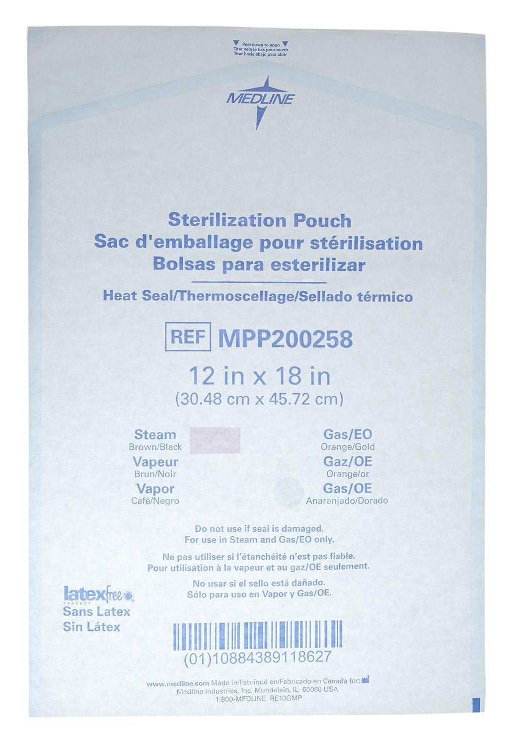 Medline Steam and Gas Heat Seal Sterilization Pouches, 12 Inches x 18 Inches, Triple Seal, Easy-to-Read Indicators, Case of 1000 Each
