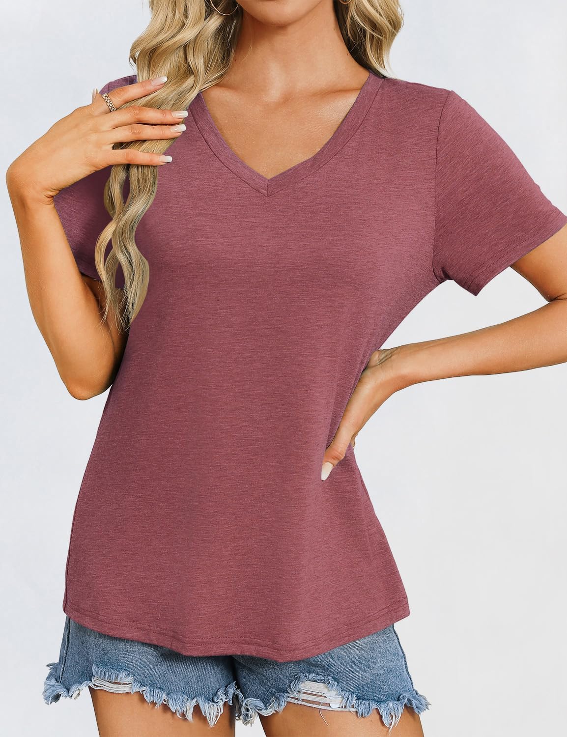 Womens Short Sleeve T Shirts V Neck Tops Summer Trendy Comfy Casual Basic Tee Shirt - Image 4