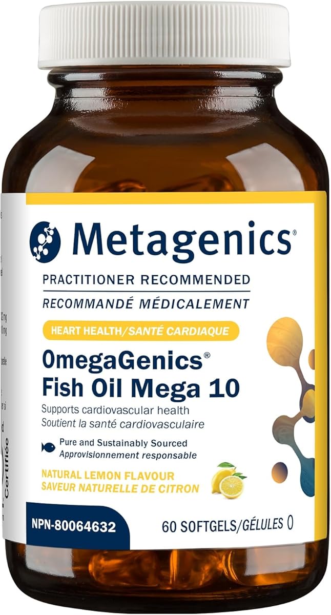 Metagenics OmegaGenics Mega 10 Omega Supplement- with Omega-7, 330 mg EPA & 170 mg DHA for Heart Health*- Sustainably Sourced & No Fishy Aftertaste - Non-GMO & Gluten-Free - 60 Softgels