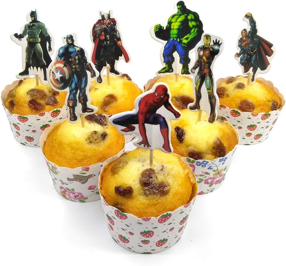 28pcs Superhero Cupcake Toppers - Cake Toppers For Children Birthday Party Decoration Supplies - 7 Designs Made Of Cardboard And Toothpick