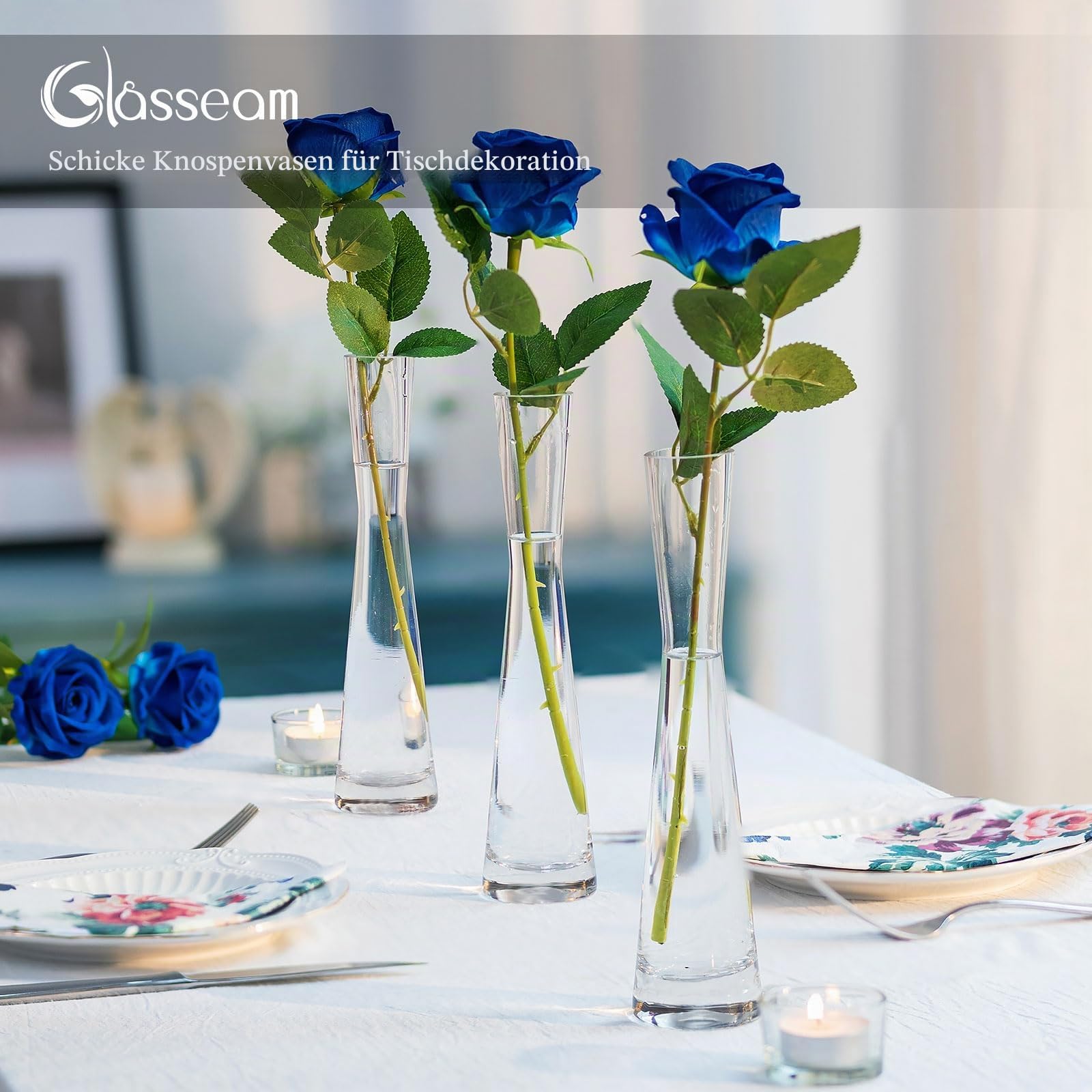Glasseam Glasvase Set für Tafelaufsätze Tischdeko, 18er Klar Vase Glas | 20cm H, Handmade Blumenvase Modern, Schmale Vasen Deko für Blumen Pflanzen Rose Tulpen, Hochzeit, Party, Home, Wohnzimmer