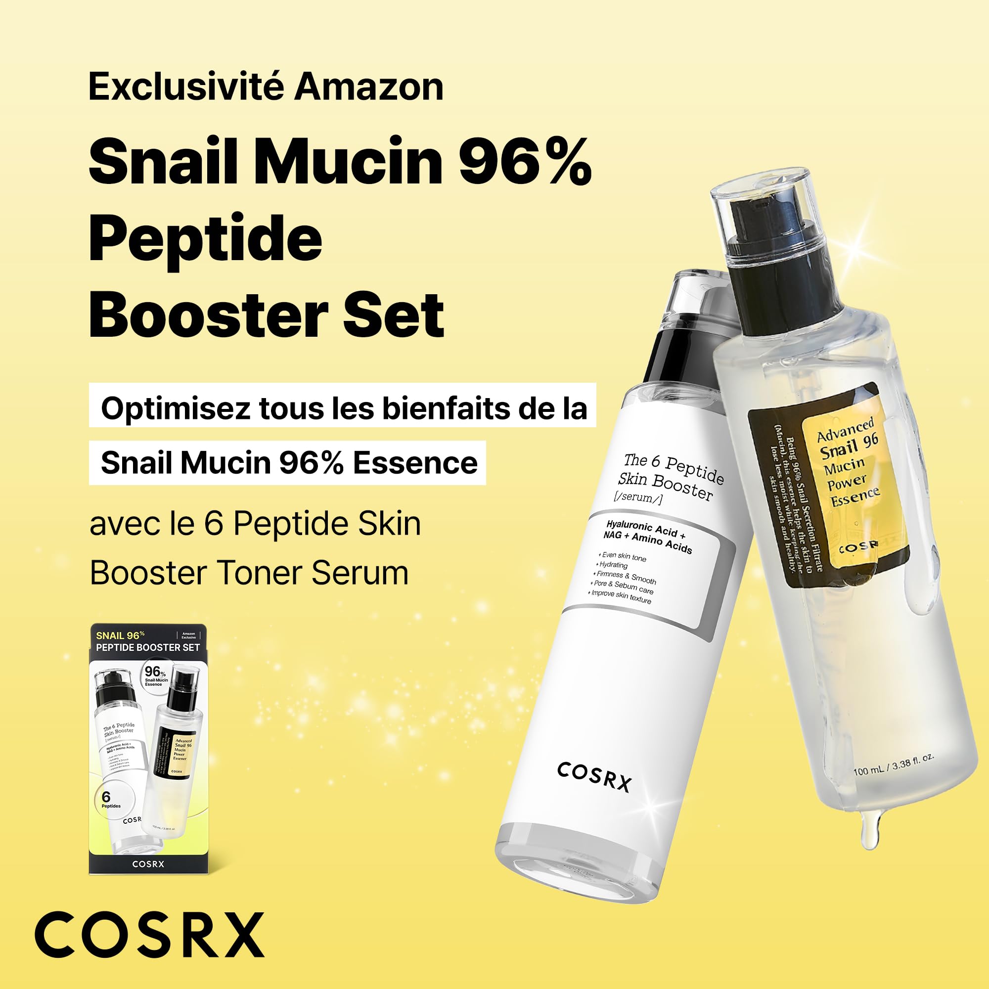 COSRX Snail Mucin Kit booster de peptides 96 % – Amazon Exclusive – Soin de la peau coréen, coffrets cadeaux, kits de soins de la peau pour femme, sérum avancé à la mucine d'escargot