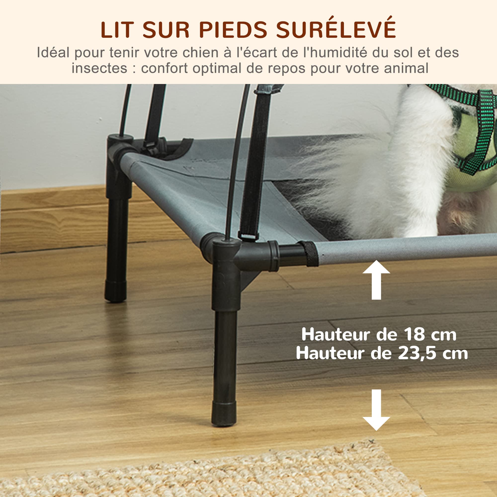 PawHut Lit Chien sureleve avec Parasol, lit de Camp Chien Chat sur Pieds Tissu Oxford Respirant, Anti-UV Cadre en métal Sac de Transport Inclus Couchage extérieur pour Chat 161 x 46 x 61 cm Gris Noir