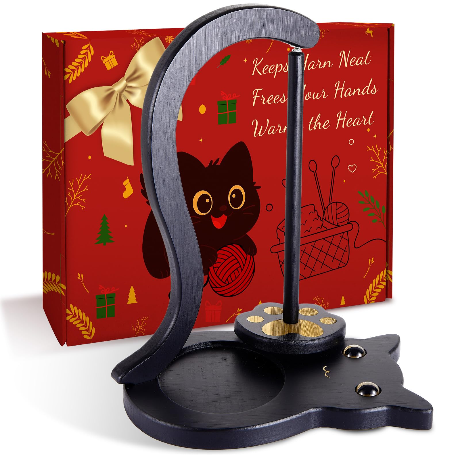 Black Cat Yarn Holder for Crochet,Wooden Crochet Yarn Holder Magnetic Yarn Spinner for Crocheting with Accessories Storage Anti-Slip Pads,Yarn Ball Holder Crochet Gift for Knitting Lover with Gift Box