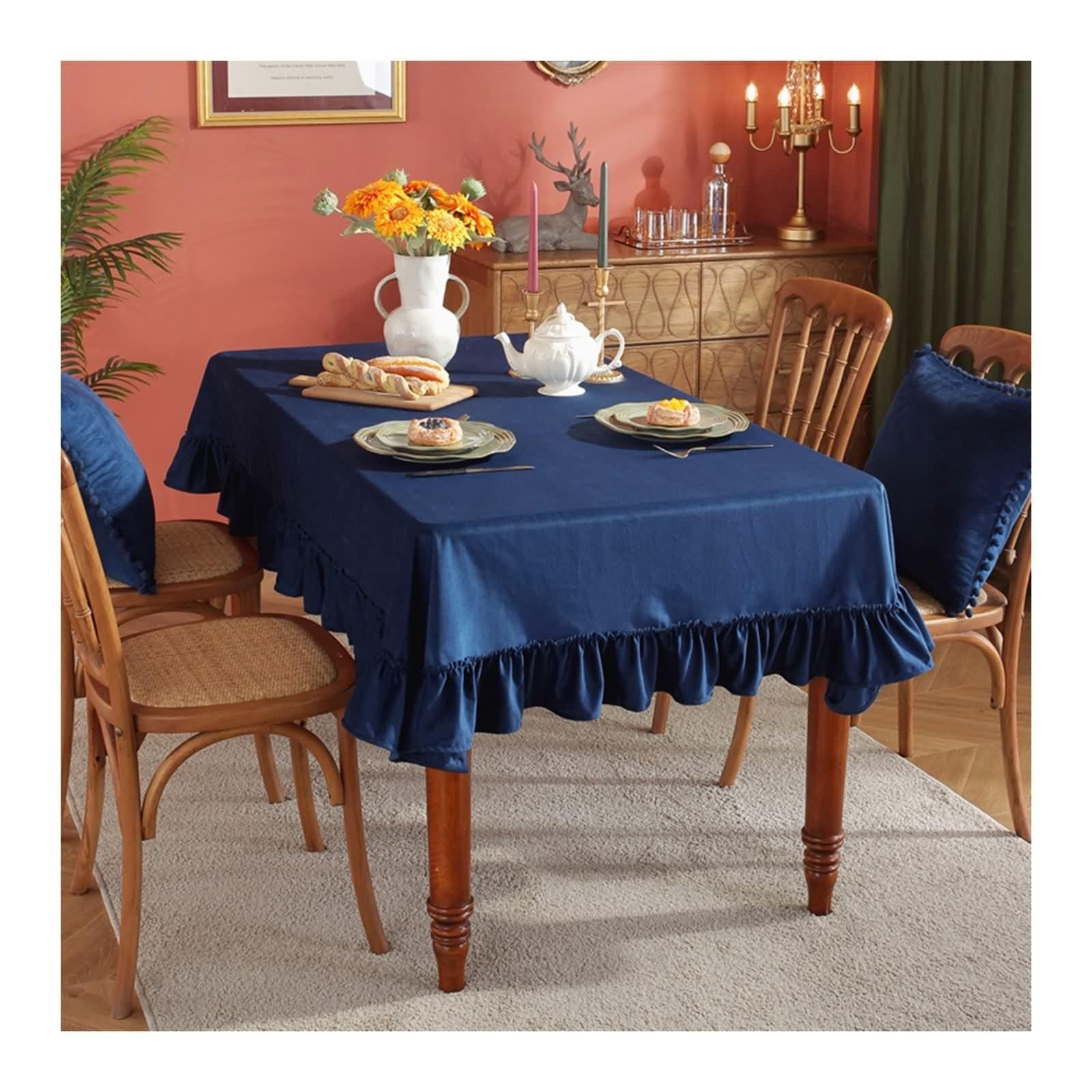 Tovaglia Cucina 140X180, Tovaglia Tavolo Compleanno Marina Militare Poliestere Tinta Unita con Volant Decorativa per Festa Matrimonio