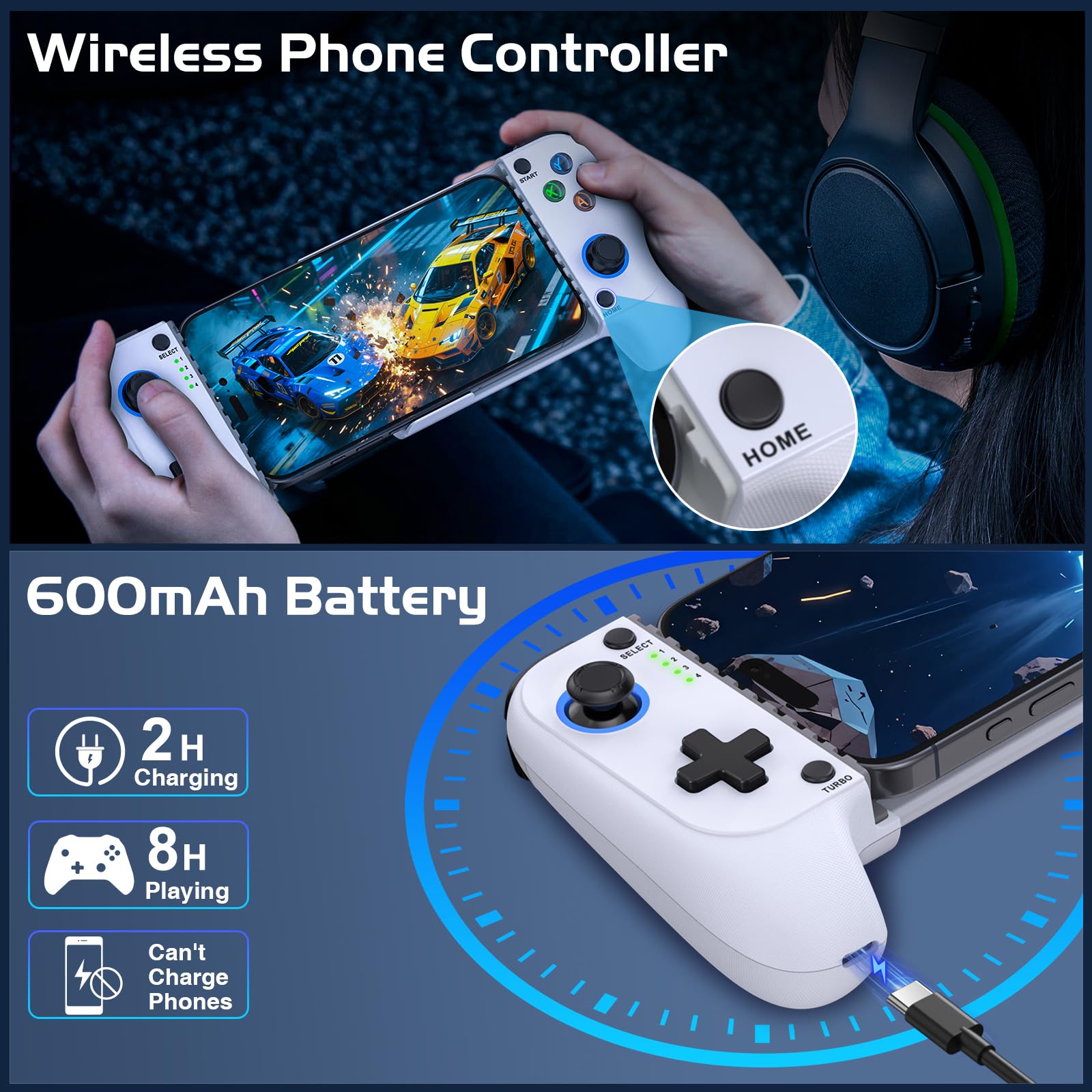 Controller di gioco mobile per iPhone/Android, controller per telefono con effetto Hall, custodia per telefono, controller di gioco per Xbox, per PlayStation, Cloud/Steam Gaming (bianco)