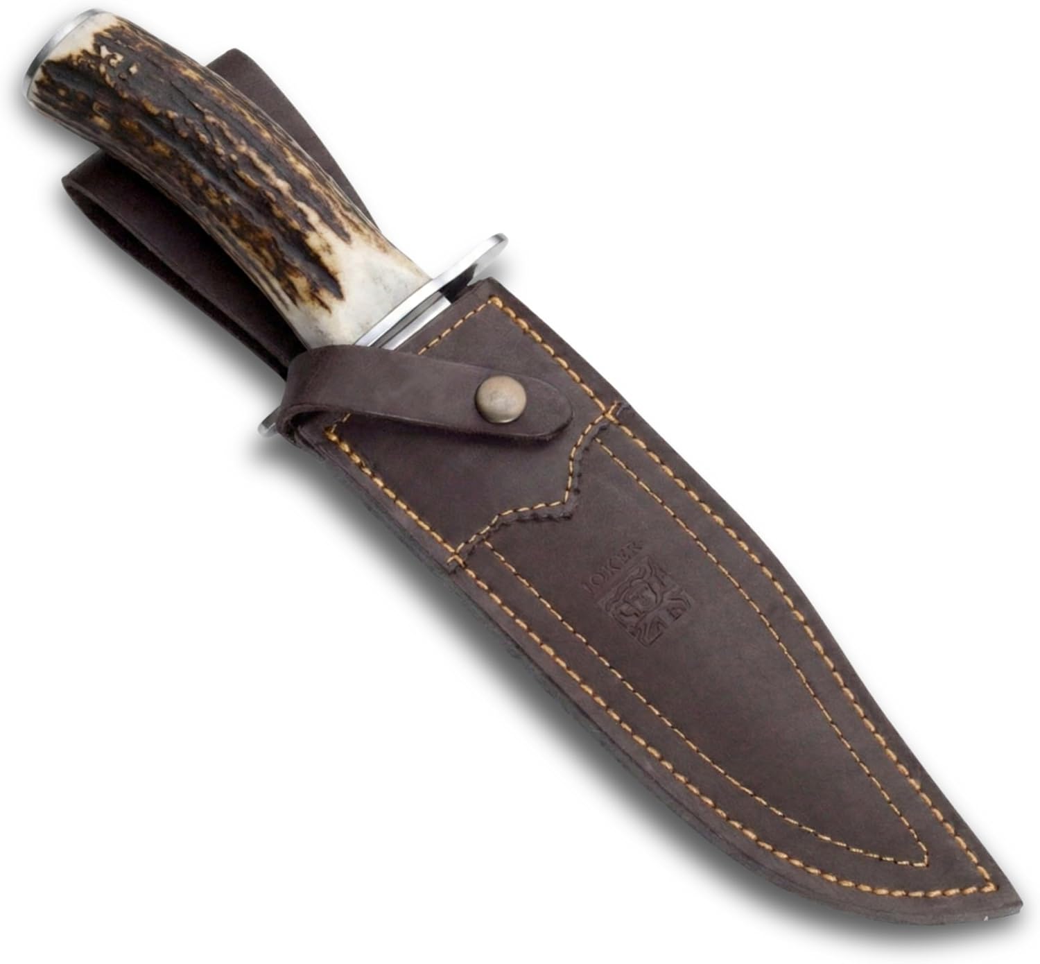 Joker hunting knife CC101 deer horn handle, 9.84 inches MOVA Steel blade, brown leather sheath, tool for fishing, hunting, camping and hiking