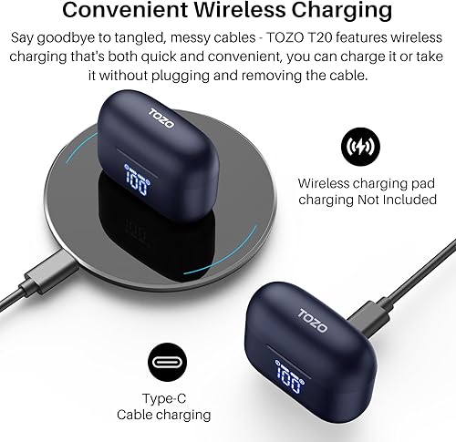 Miniatura 4 de TOZO Auriculares inalámbricos T20 Bluetooth 48.5 horas de reproducción con pantalla digital LED, IPX8 impermeable, doble micrófono con cancelación