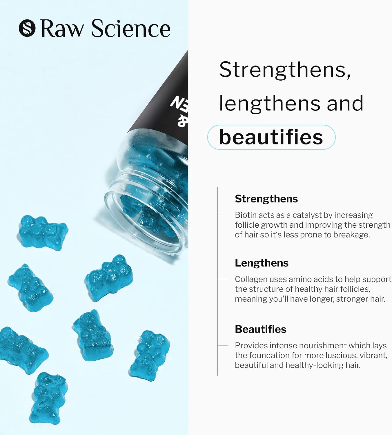 S RAW SCIENCE Hair Growth Vitamins for Women & Men – Biotin, Collagen, B7 Vitamins Gummies – Hair, Nails, and Skin Vitamins – Hair Growth Supplement for Thicker, Stronger, Hair – 60 Gummy Bears