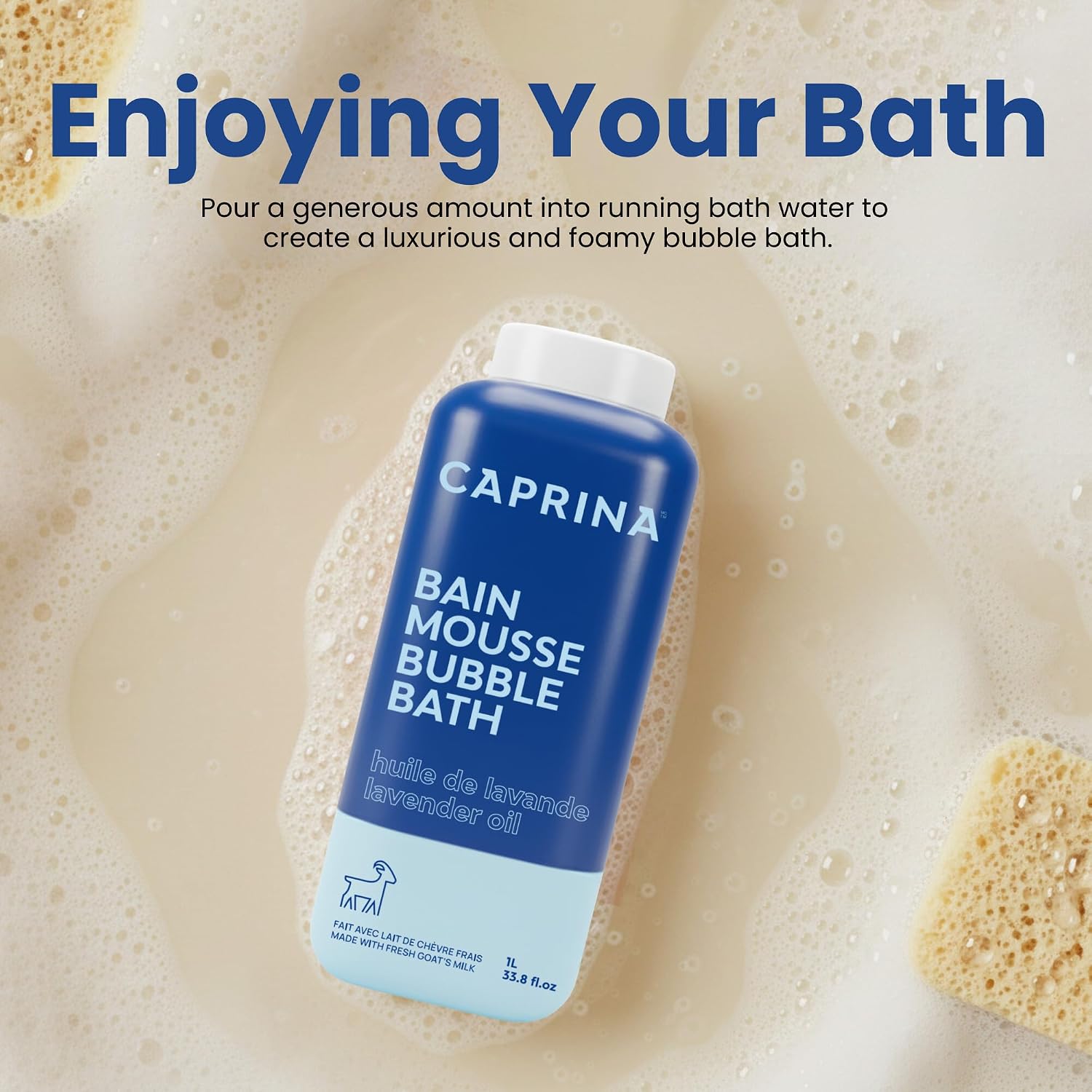 Caprina Fresh Goat’s Milk Bubble Bath, 1L, Hydrating Relaxing Foam Bath, Moisturizing and Gentle on Skin, Made in Canada (Lavender Oil)