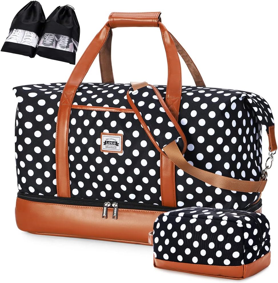 LekeskyWeekend Travel Bags for Women - 50l Foldable Overnight Bag with Shoes Bags & Toiletry Bag & Shoes Compartment, Travel Holdall Bag for Airlines, Maternity Hospital Bag (Dot,50.8 * 28.4 * 33cm)