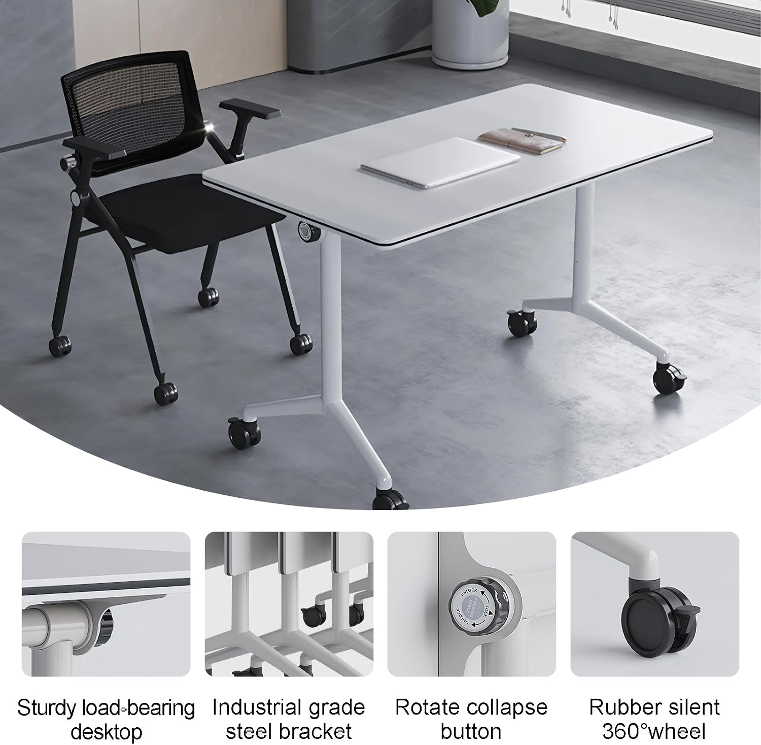 Folding Conference Room Table,Modern Flip Top Mobile Training Table with Strong Metal Frame Silent Wheels Waterproof Desktop for Office Conference Classroom Foldable Meeting Table (4pack 63in)