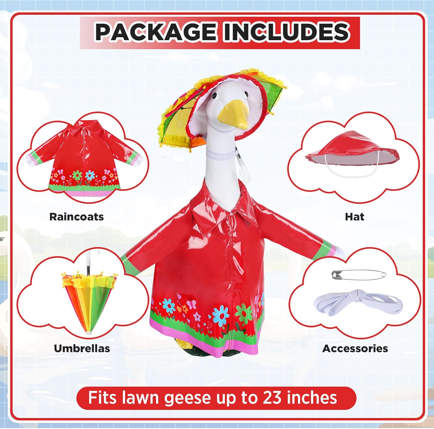 OBUSATT Red Raincoat Porch Goose Outfits Summer Geese Costume Set Spring Cute Goose Red Raincoats Umbrella and Hat Fit for 23" Lawn Decor Outdoor Garden Yard Patio Statue Summer Decoration
