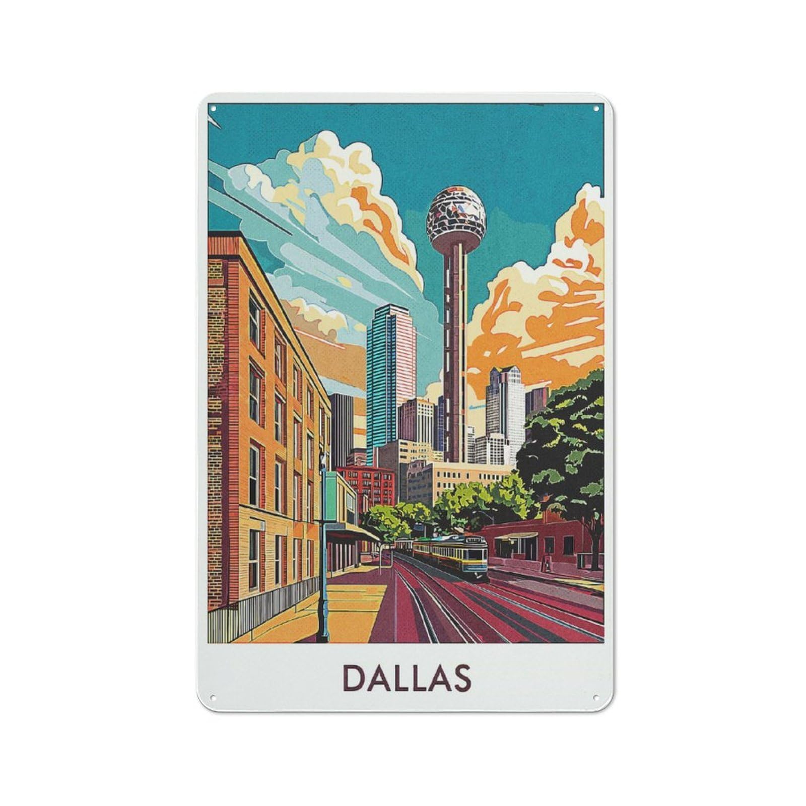 Junmoney Style-12 Urban Dallas Skyline Art Print Decorative Metal Plaque 30X20cm, Urban Room Decor For Flat, Bar, Studio Or Gallery Wall