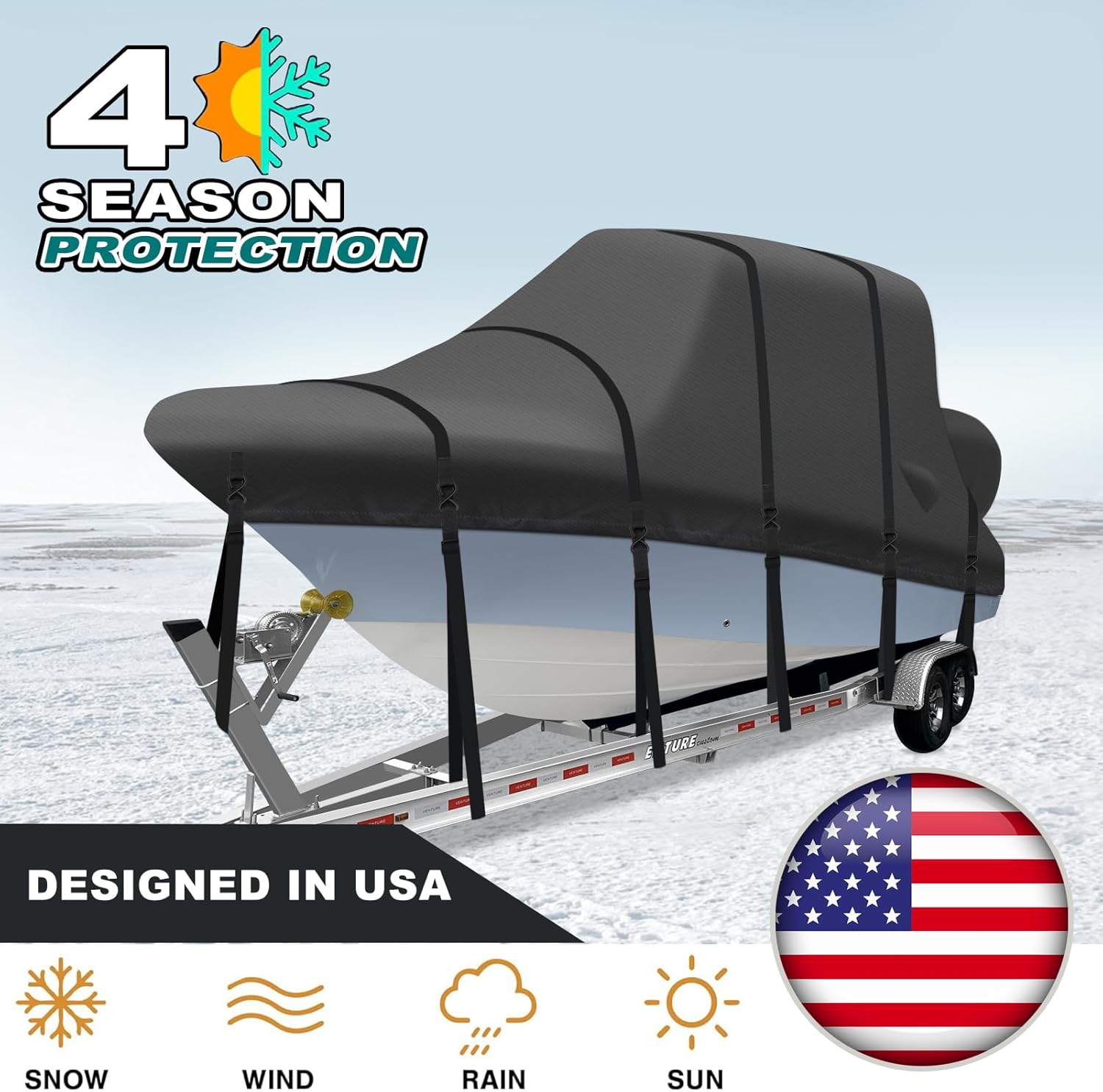 1400D Heavy Duty T-Top Boat Cover with Metal Buckles, 20-22ft Trailerable T Top Hard Top Boat Cover, Marine Grade TTOP Boat Storage Cover, Waterproof Center Console Boat with T TOP Roof, Black