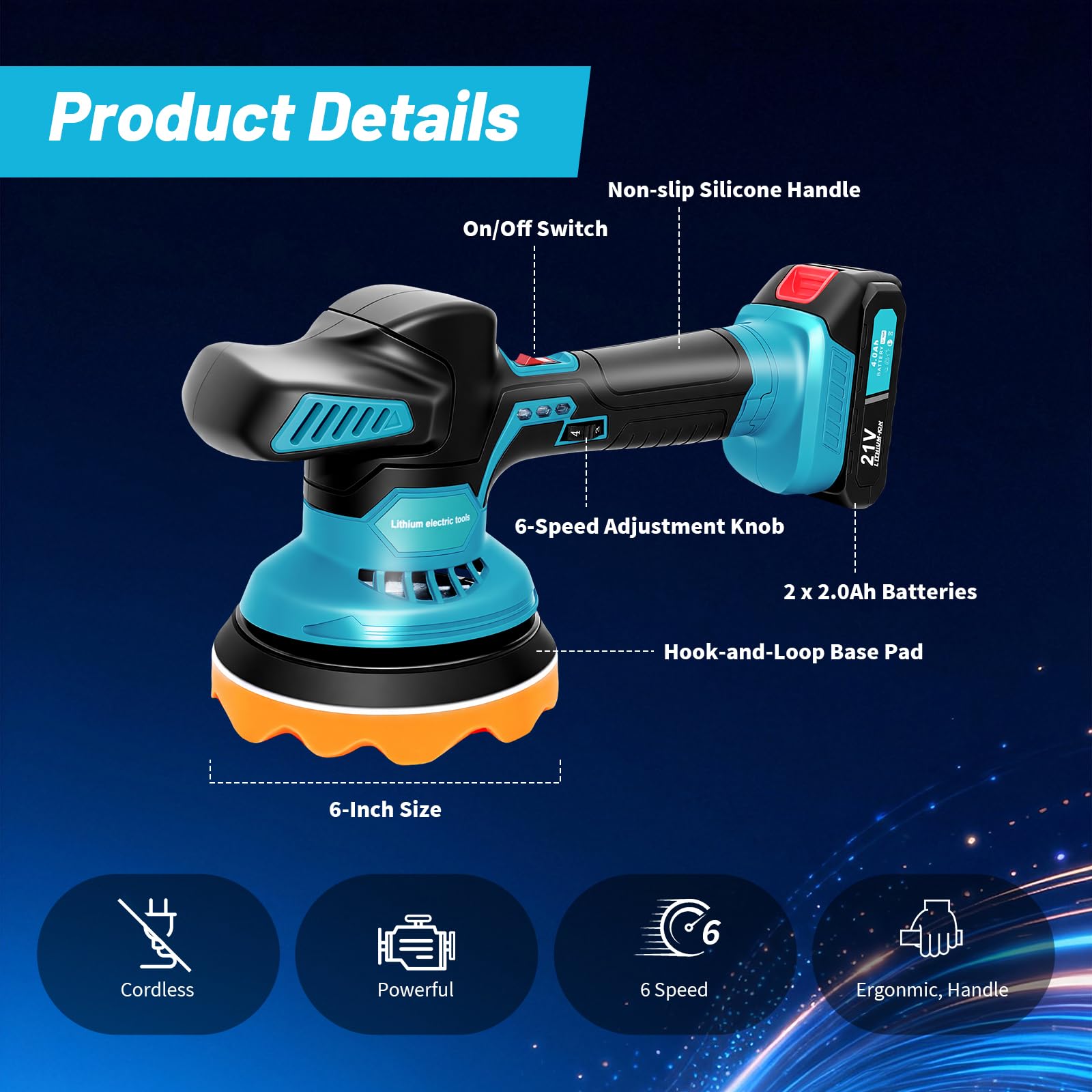 Pulidora con batería de 21 V, con 2 baterías de 2000 mAh, pulidora excéntrica con motor de alto rendimiento, minimáquina pulidora de 6 velocidades, incluye 12 almohadillas de accesorios para el