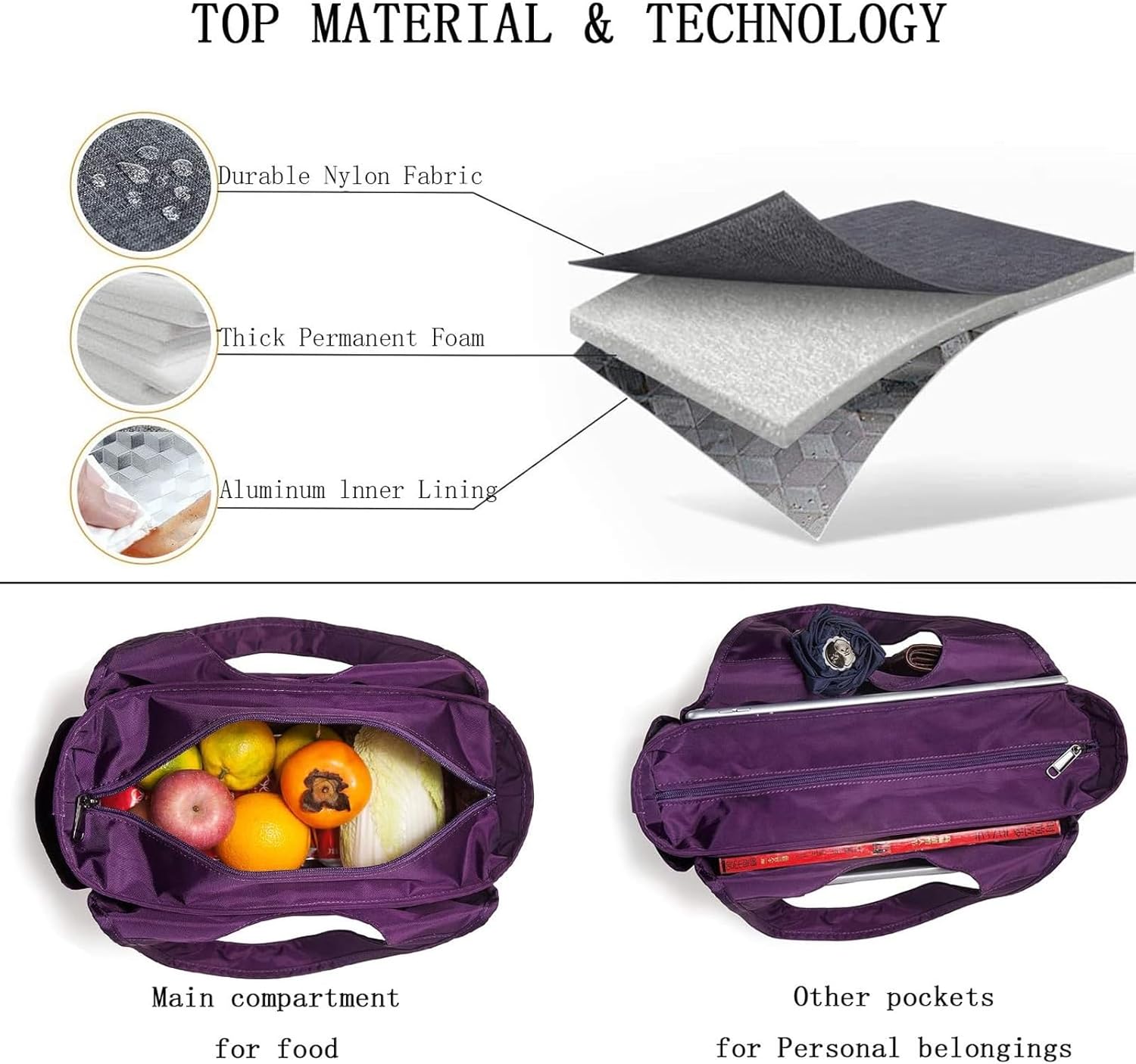 Large Insulated Lunch Tote Bag for Women Men, Leakproof Cooler Lunch Box Shoulder Purse with Side Pockets for Work - Purple