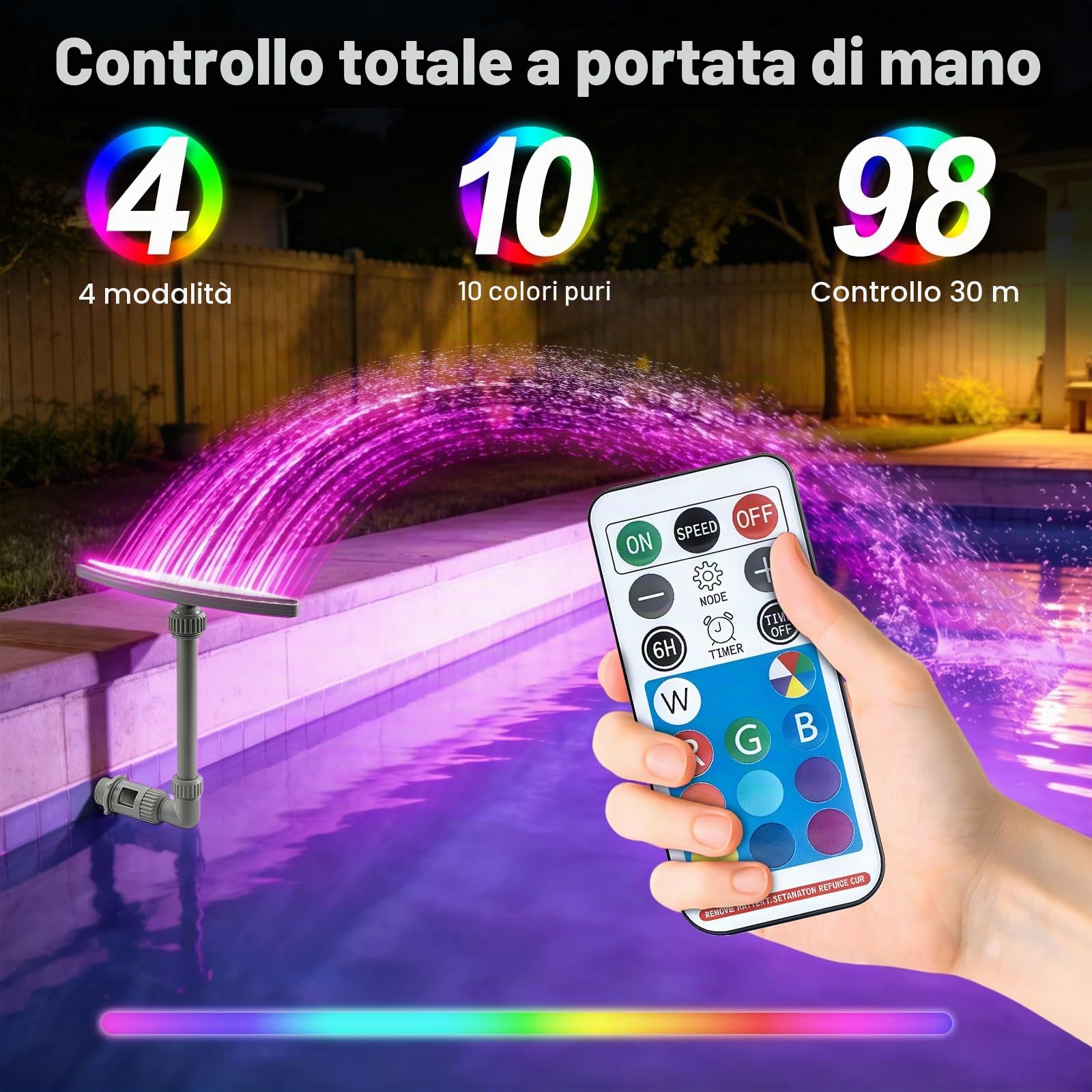 Fontana per piscina a energia solare con illuminazione, altezza regolabile da 40 a 69 cm, fontana a spruzzo per piscine, fontana a 360°, per piscine da terra e da incasso