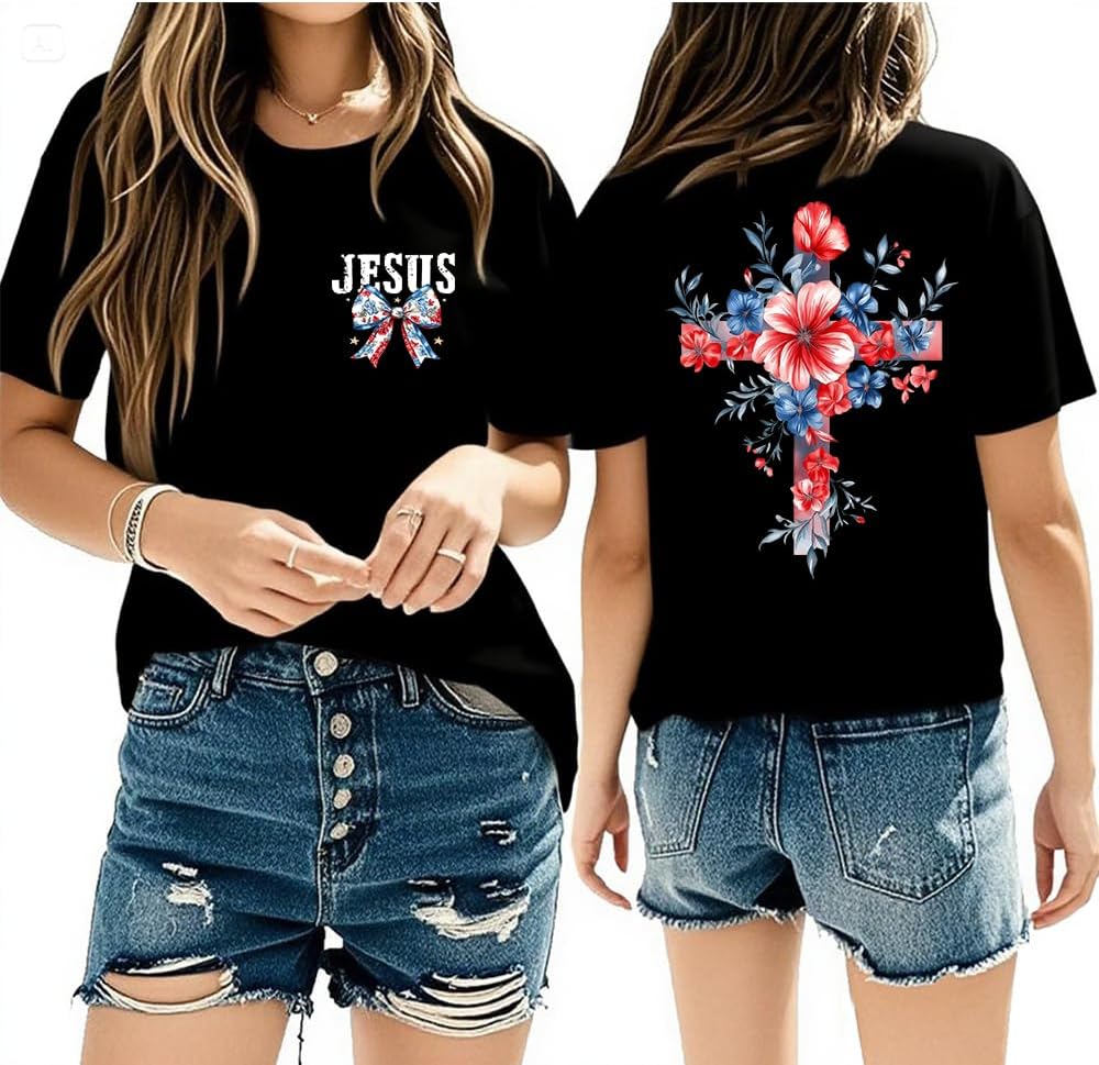 Faith Cross Christian T-Shirt with Boho Floral Cross Print Short Sleeve Casual Graphic Tee for Women - Image 3