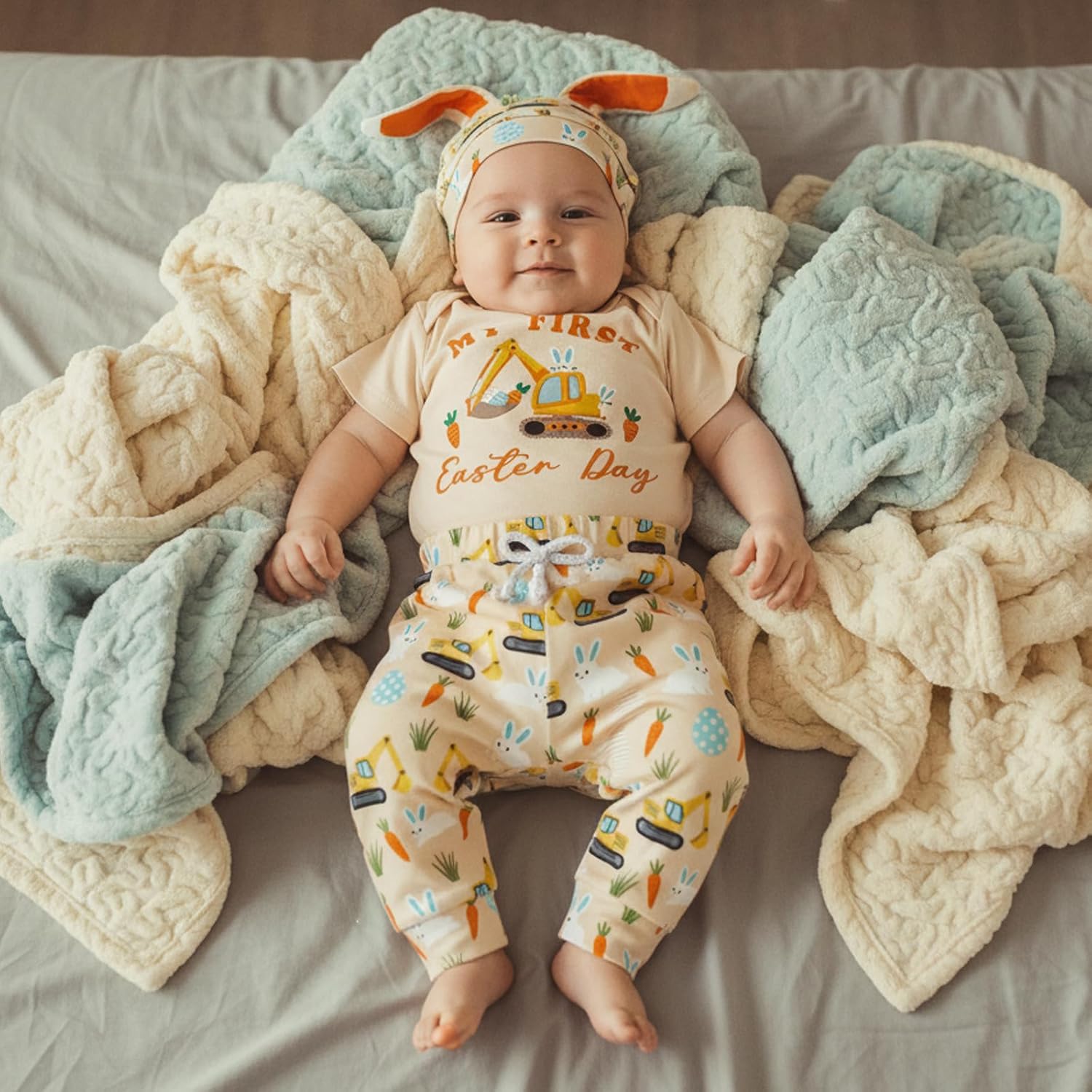 My First Easter Baby Boy Outfit Excavator Boy Bunny Short Sleeve Romper Pants Hat Infant Onesie Newborn Clothes - Image 2