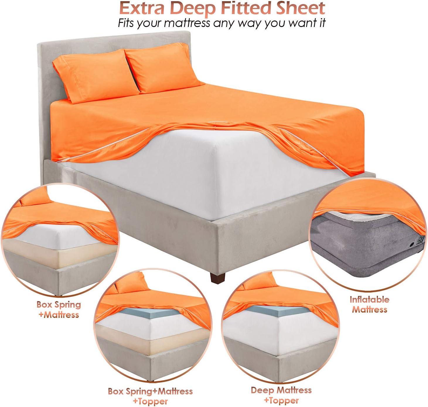 Hearth & Harbor Extra Deep Pocket Sheets - 4 Piece Hotel Luxury Sheet Set Fits Up to 24" Mattress - Ultra Soft Luxury Bed Sheet Set - Soft & Breathable - King, Apricot Buff Orange