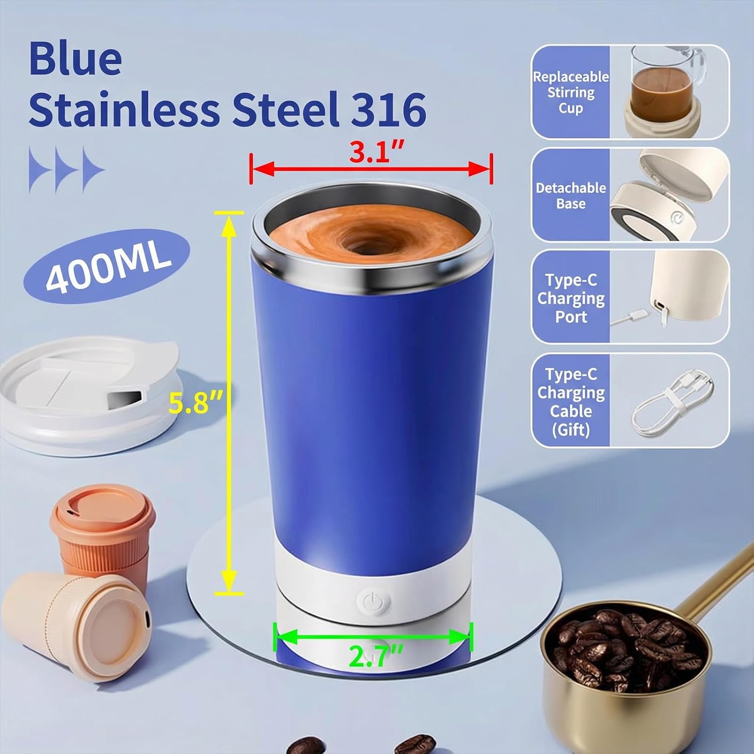 Self Stirring Coffee Mug, 13.5oz Rechargeable Automatic Mixing Cup with Magnetic Stirring Base,400ML 416 Stainless Steel Drink Mixer Mug with Lid for Coffee, Milk & Daily Beverages (Blue) image 2