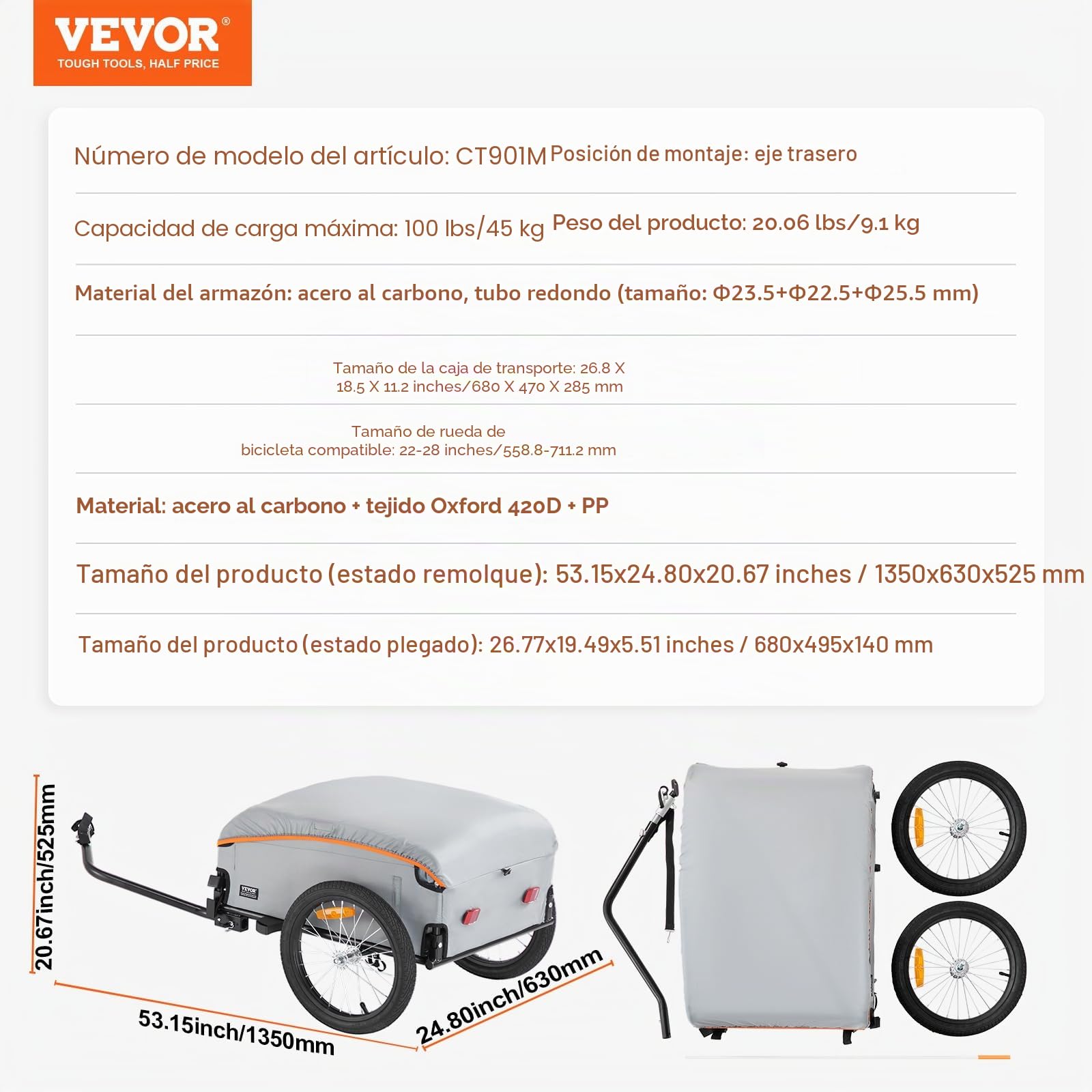 VEVOR Remolque de carga para bicicleta, capacidad de carga de 88/100/160 libras, carrito de bicicleta resistente, almacenamiento compacto plegable con enganche universal