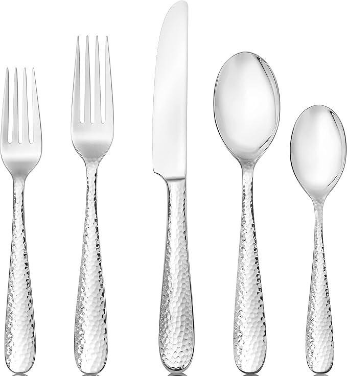 Hudson Essentials Premium 60 Piece Hammered Silverware Set, 18/10 Stainless Steel, Fine Flatware Service for 12 - Dishwasher Safe Bergamo Cutlery