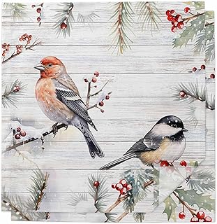 Cloth Napkins Set of 2,20x20 Inches Dinner Napkin,Winter Christmas Farm Robins Bird Washable Soft Table Napkins,Reusable Cocktail Napkin for Wedding Holiday Party Hotel,Pine Branch on Wood Grain
