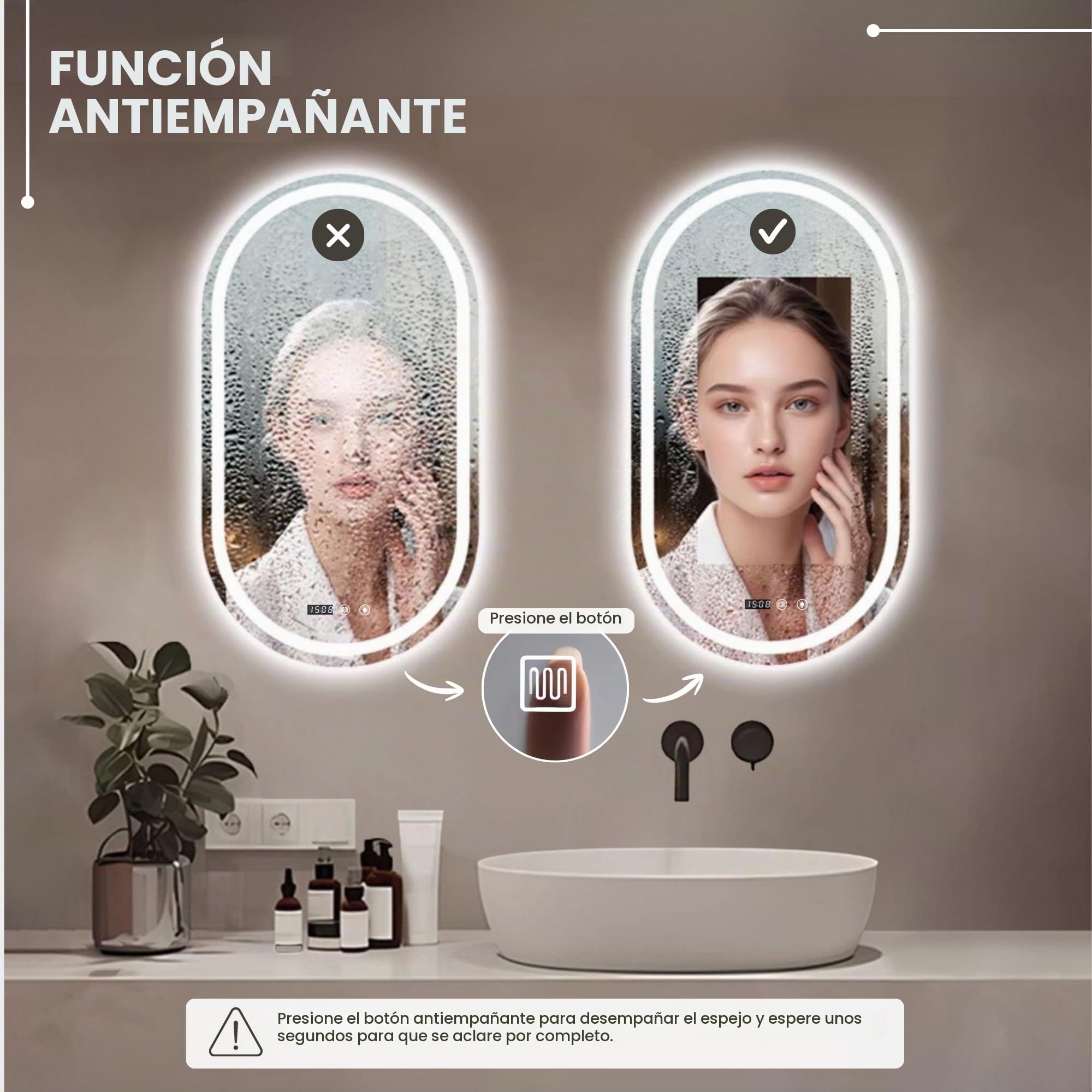 MAGIC SELECT Espejo de Baño con Luz Ovalado de Pared 50x90cm | Con Enchufe, 3 Tonos de Color, Ajuste de Brillo y Antivaho, Indicador de Hora y Temperatura, Vertical