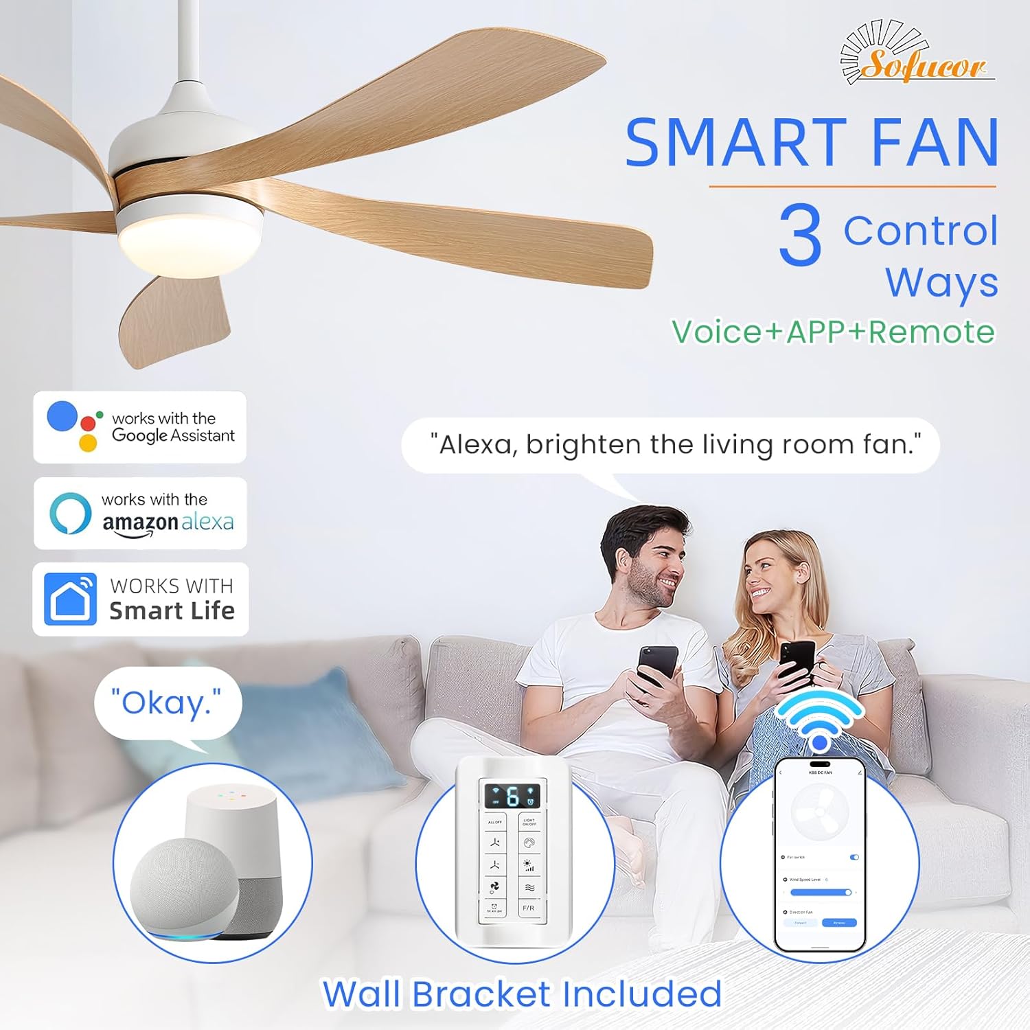 Sofucor 52" Smart Ceiling Fan, Indoor/Outdoor Ceiling Fans with Lights and Remote, Compatible with Alexa/Google/App, 3-Color Light 6-Speed Timing Reversible DC Motor for Bedroom Living Room Patio