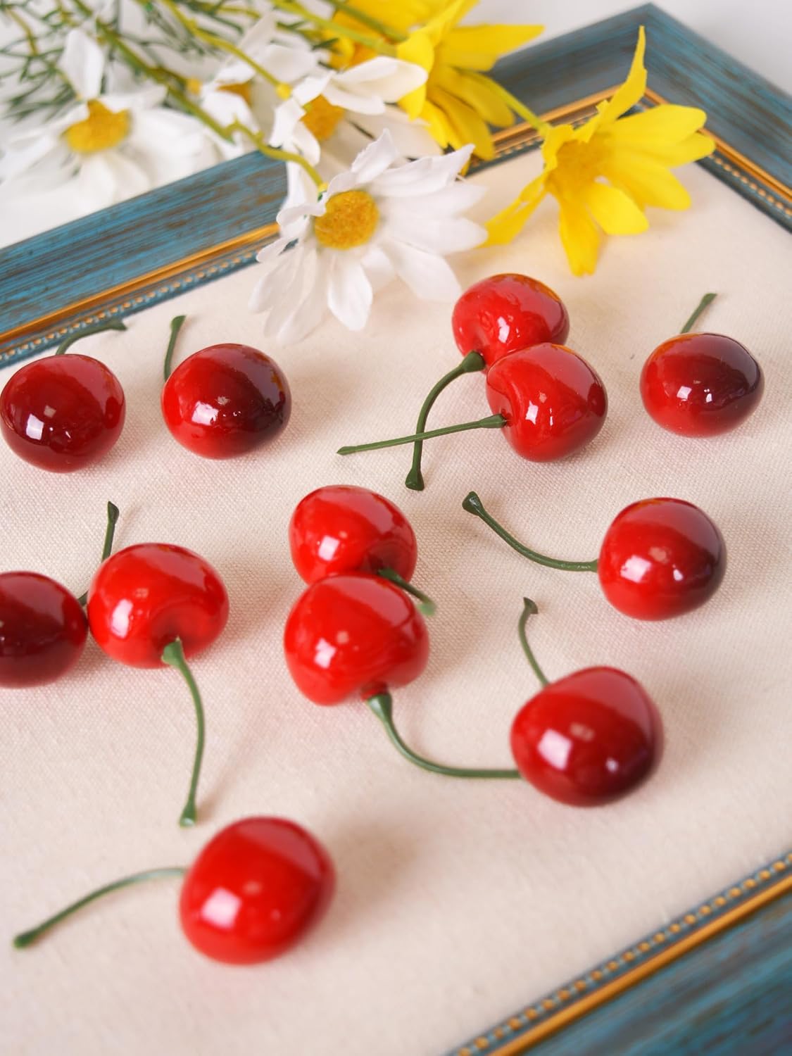 60pcs Artificial Lifelike Fruit Cherries Simulation Fake Cherry Fruit Ornament for Home Kitchen Wedding Party Decoration