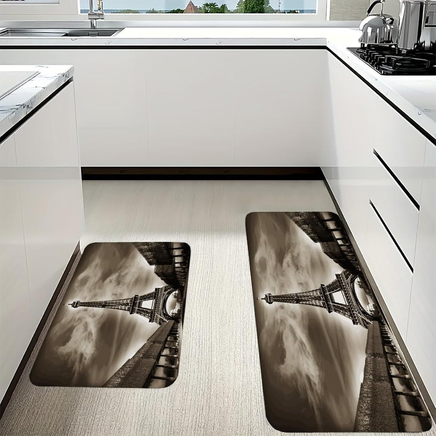 Paris Eiffel Tower Kitchen Mat Kitchen Rug Set | Kitchen Rugs Flannel Velvety Washable breathable Water Absorbent Soft ，kitchen utensils for Kitchen, Floor,Laundry