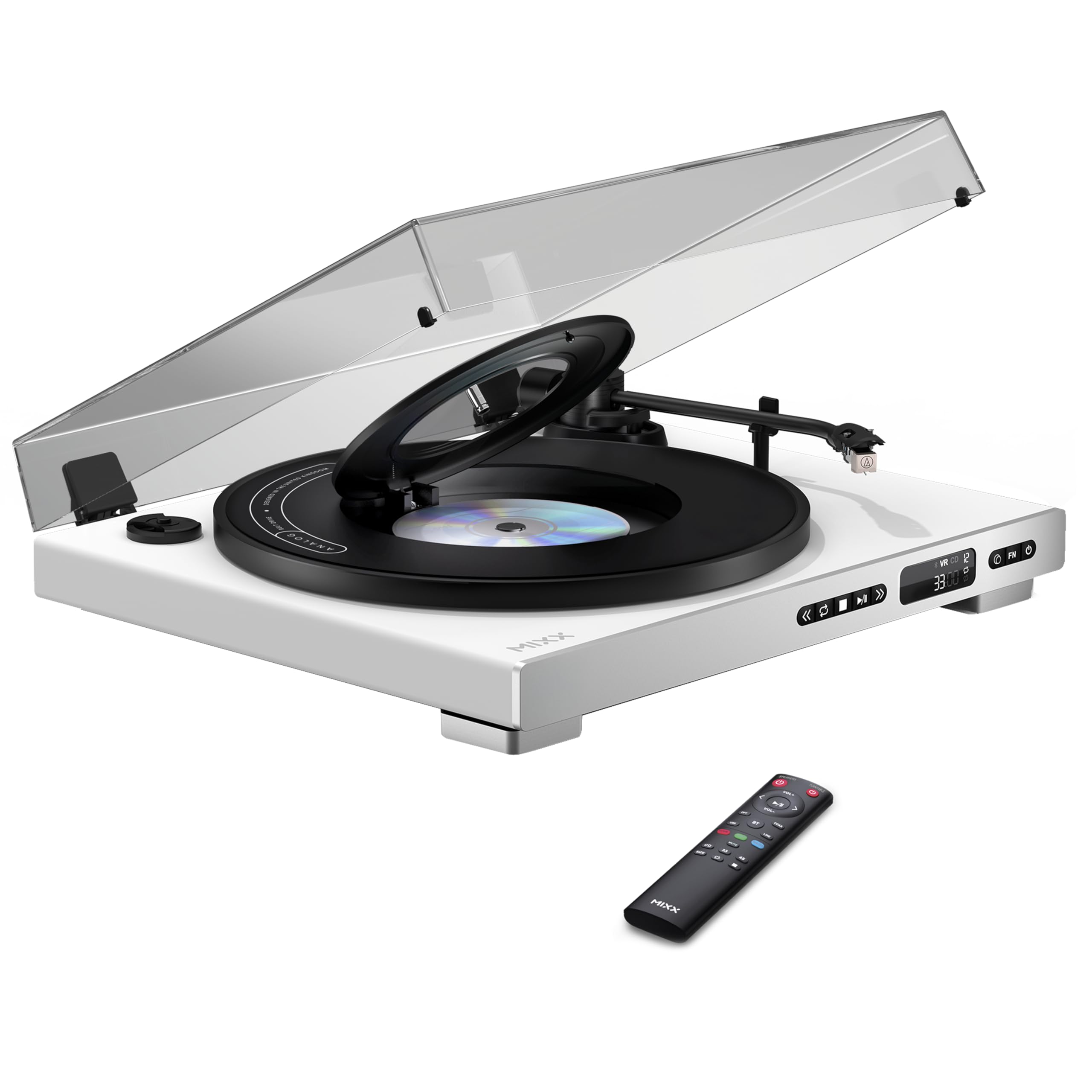 MIXX Analog Plus 2-in-1 Vinyl Record Player & CD Player with Remote – Fully Automatic Turntable, Bluetooth Transmitter, AUX Output, Slim Upgrade Music System (No Speakers) (White)