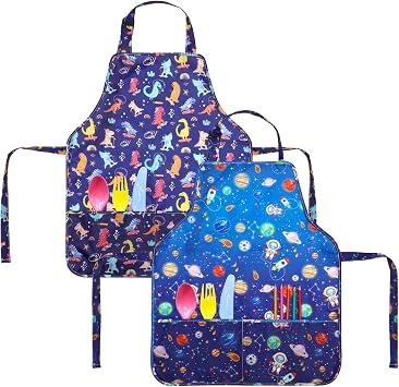 Xtinmee 2 Pcs Kids Apron for Boy Back to School Adjustable Apron with 2 Pockets for Painting Baking Art Dinosaurs and Space
