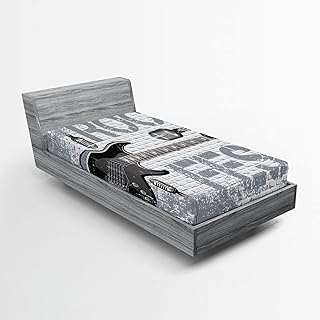 Ambesonne Rock Music Fitted Sheet, Grunge Color Splashed Brick Wall Background Electronic Guitar Mics Design, Soft Decorative Fabric Bedding All-Round Elastic Pocket, Twin Size, Blue Black