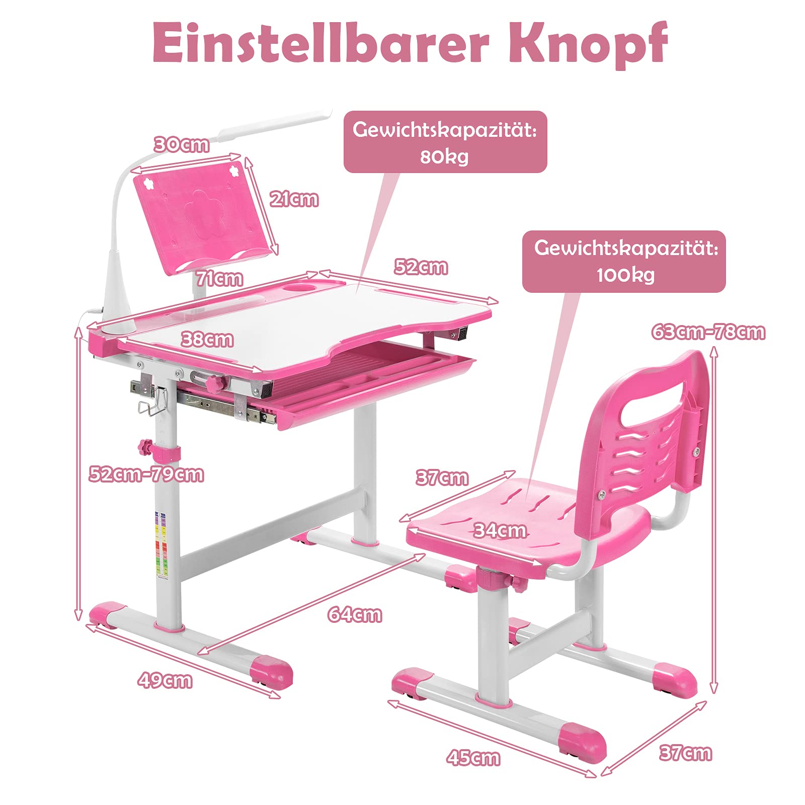 COSTWAY Kinderschreibtisch Set mit Bücherständer & LED-Licht, höhenverstellbarer Kindertisch und Stuhl mit gekippter Tischplatte & Schublade, Kinder Schreibtisch für Jungs & Mädchen (Rosa)