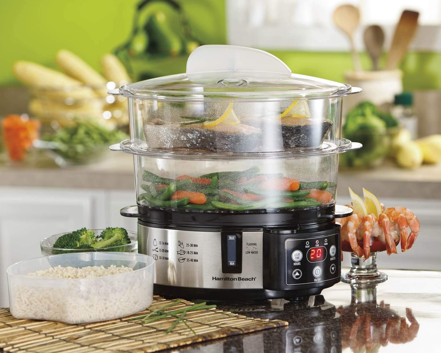 Hamilton Beach 37537 Digital Two-Tier Automatic Electric Countertop Food Steamer